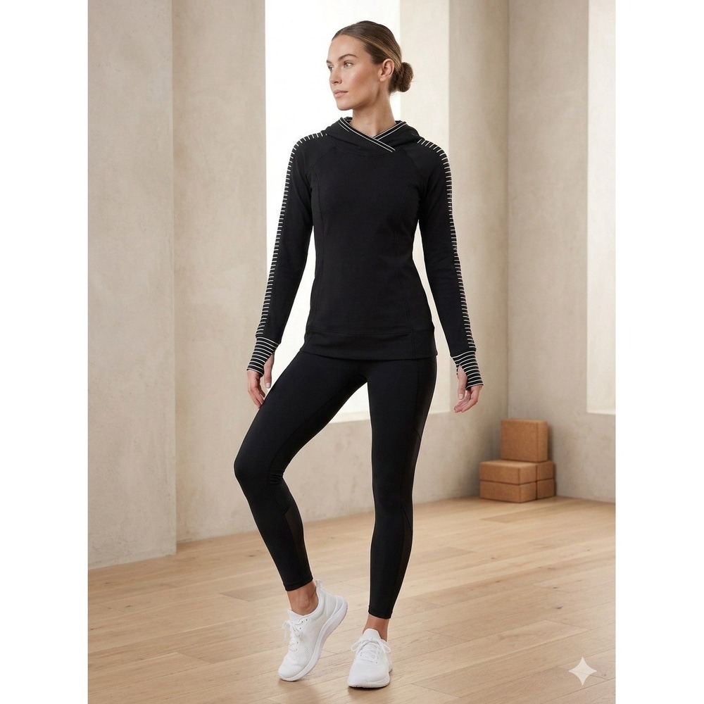 Lululemon‎ Hoodie Women 10 Black Stripe Thumbholes Pullover Activewear